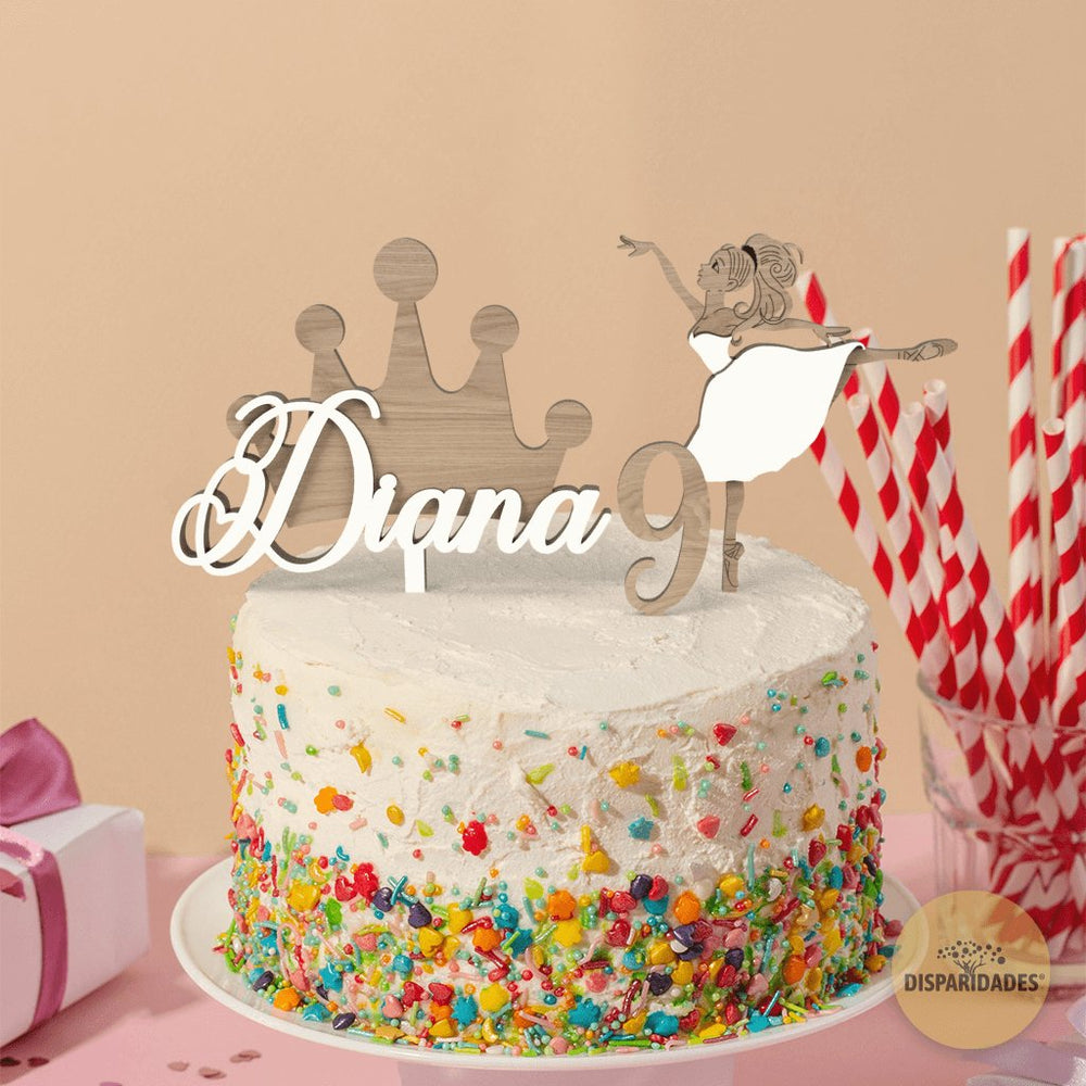 Conjunto topo de bolo princesa em carvalho e branco