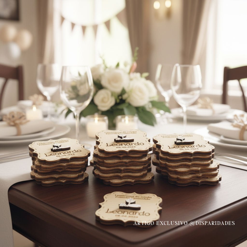 várias lembranças de primeira comunhão empilhadas com design rústico em uma mesa elegante com flores brancas