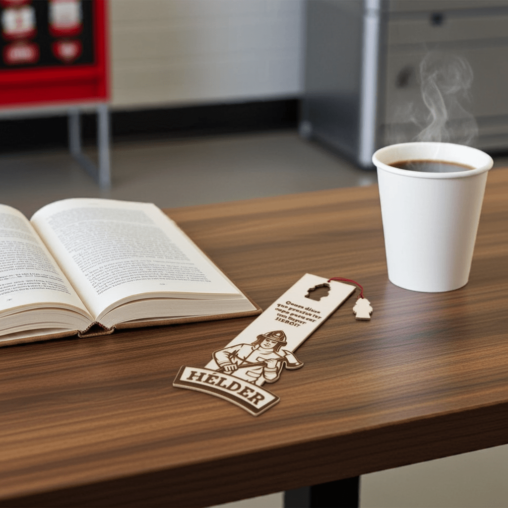 um marcador rústico sobre uma mesa castanha com um livro aberto a esquerda e um copo de café a direita