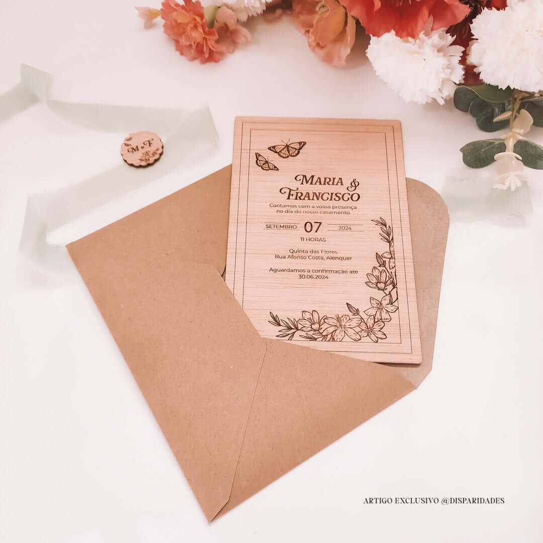 Convite de casamento em madeira rústica, com envelope kraft. Detalhes florais gravados e iniciais num botão de madeira. Flores ao fundo.