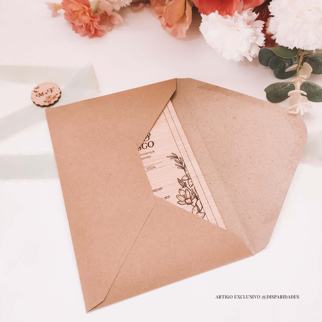 Envelope kraft rústico semi-aberto mostrando parte de um convite de casamento em madeira com design floral.