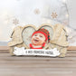 moldura em pinho com dois duendes menino e menina a segurar um coração com uma foto dentro, abaixo uma frase personalizada a dizer o meu primeiro natal