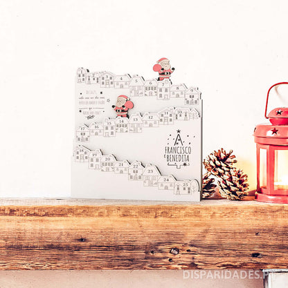 calendário do advento aldeia de natal, produto interativo que faz o Pai Natal saltar de telhado em telhado até a noite de natal, feito em mdf branco