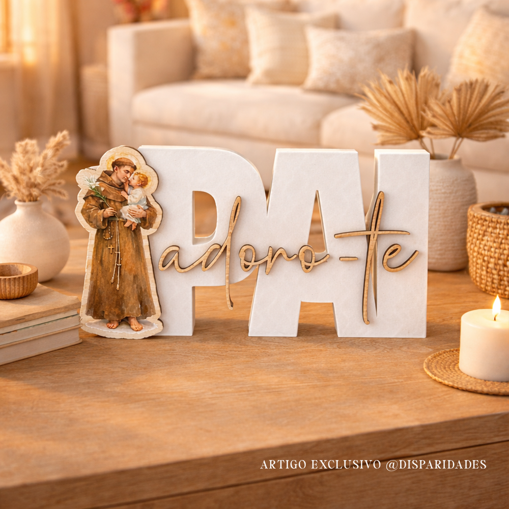 Peça decorativa “PAI adoro-te” com imagem de São António, ideal para presente no Dia do Pai