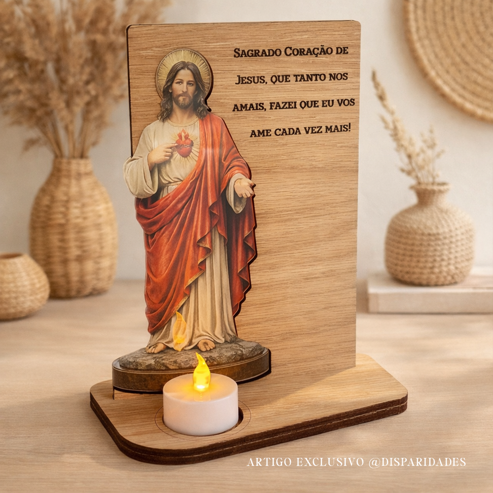 Placa de madeira com imagem do Sagrado Coração de Jesus e vela acesa, com oração religiosa gravada em português.
