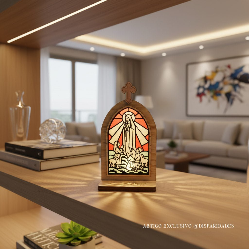 Oratório Rústico de Fátima 🕊️ com Vitral e Luz LED ️ – Disparidades