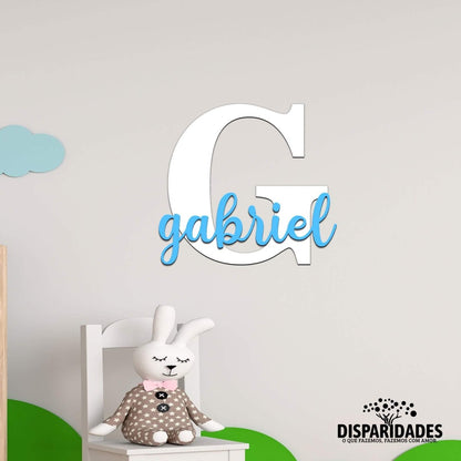 Placa Decorativa com inicial grande e nome-Produção própria-Cor_Amarelo,Cor_Azul,Cor_Rosa,Decoração de parede,Decoração infantil,Tamanho_20 cm,Tamanho_35 cm