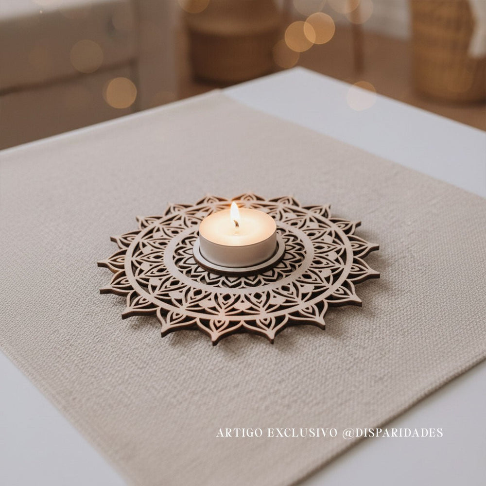 uma base de vela rústica estilo mandala feita em madeira com uma vela ao centro em um ambiente acolhedor.