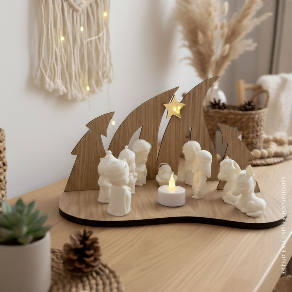 O presépio com um design estiloso em um aparador de madeira elegante em um ambiente bem iluminado