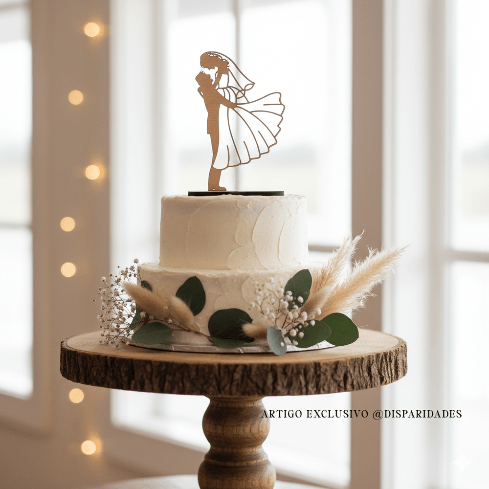 um bolo de casamento com um topo de bolo em madeira com a forma de um casal sobre uma mesa rústica